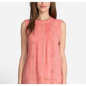 EUC Johnny Was Nia Pintucked Eyelet Sleeveless Top Coral Sz Small